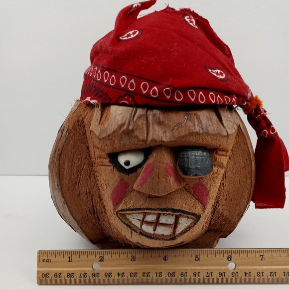 Folk Art Hand Carved Coconut Head One Eyed Pirate with Eye Patch Bank Tiki Bar - Picture 9 of 9